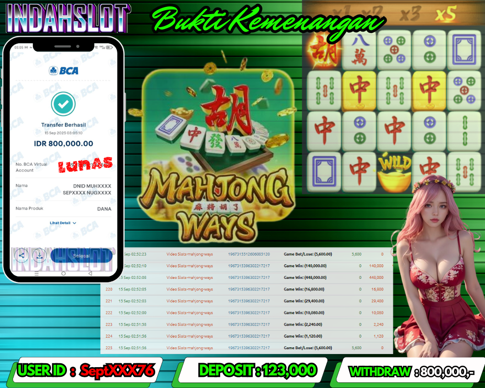 INDAHSLOT  MAHJONG WAYS Rp 800,000,- LUNAS!!