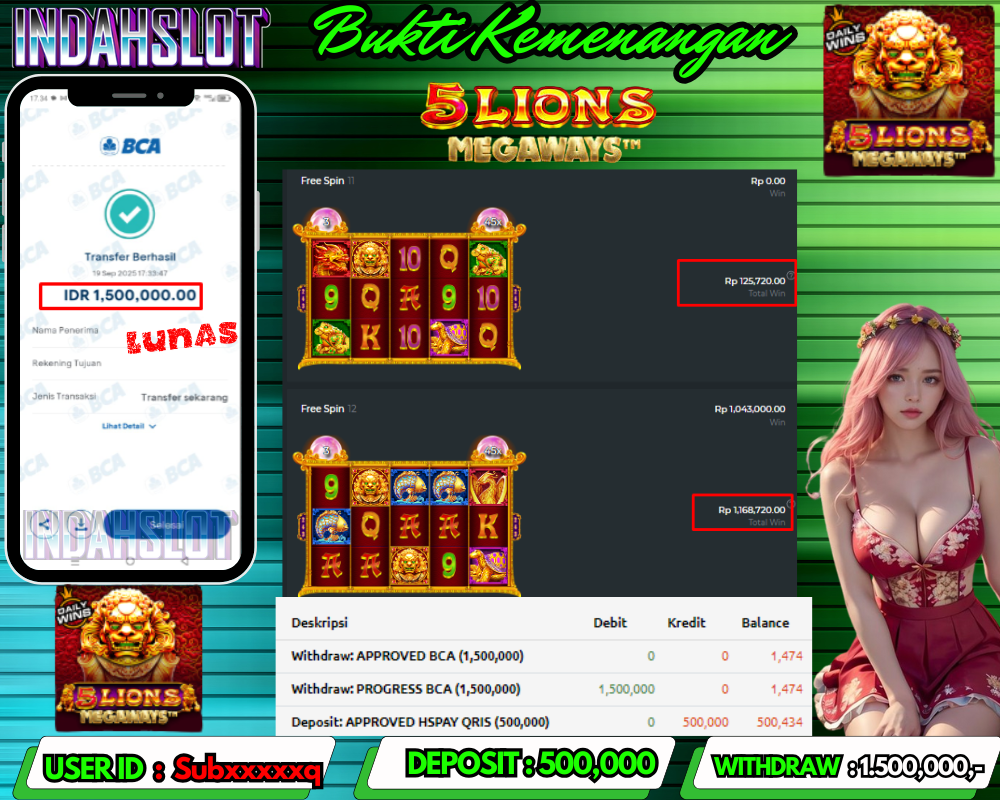 INDAHSLOT  5 LIONS MEGA WAYS Rp 1.500,000,- LUNAS!!
