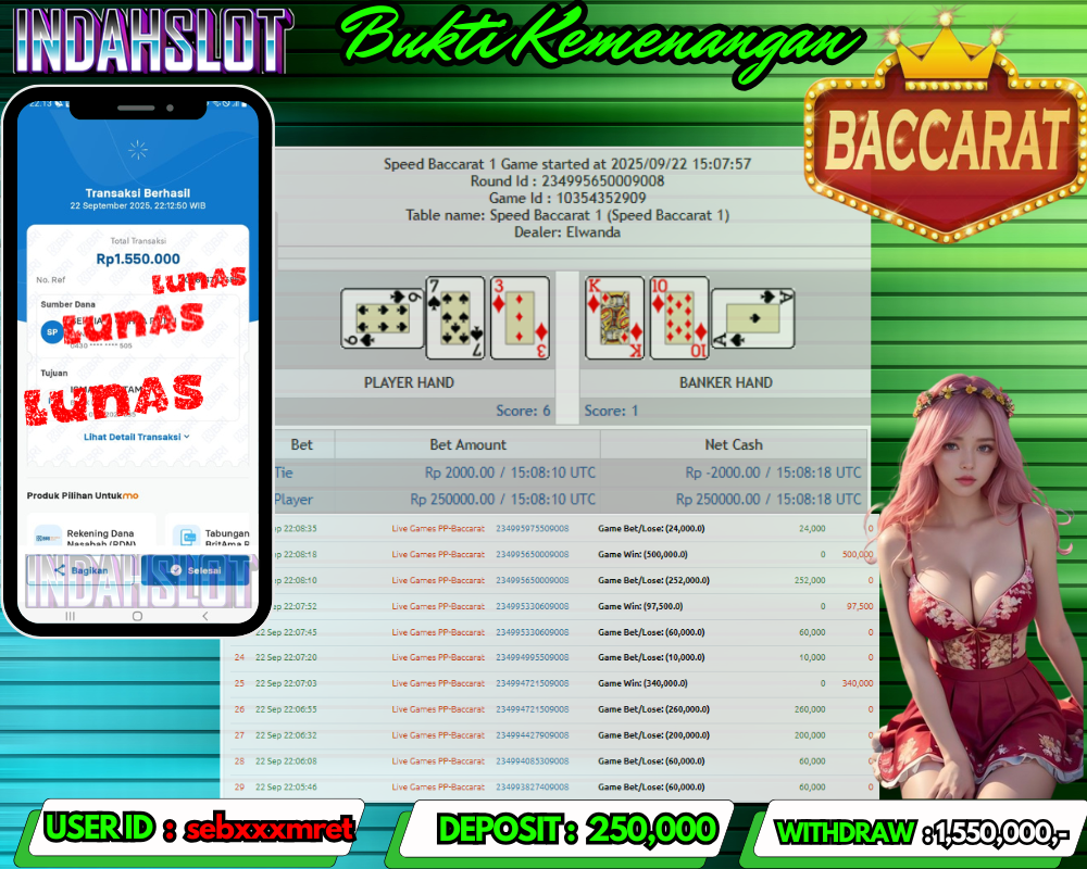 INDAHSLOT PP - BACCARAT Rp 1,550,000,- LUNAS!!