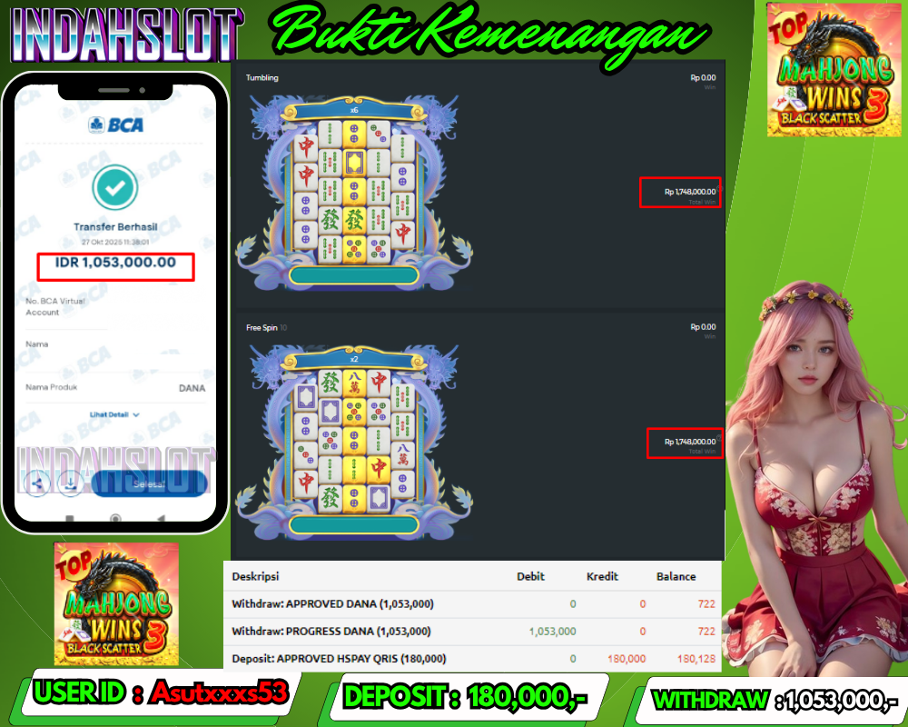 INDAHSLOT MAHJONG WINS 3 BLACK SCATTER Rp 1,053,000,- LUNAS!!