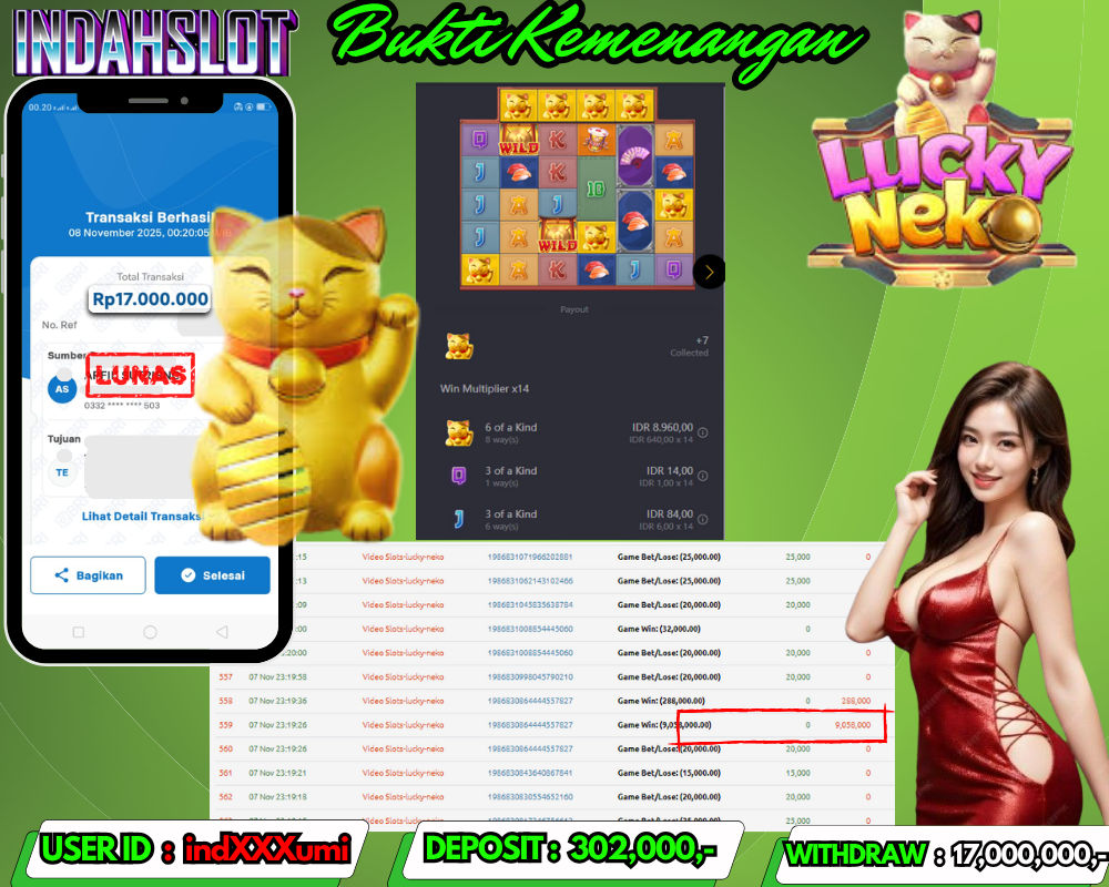 INDAHSLOT LUCKY NEKO Rp. 17,000,000,LUNAS